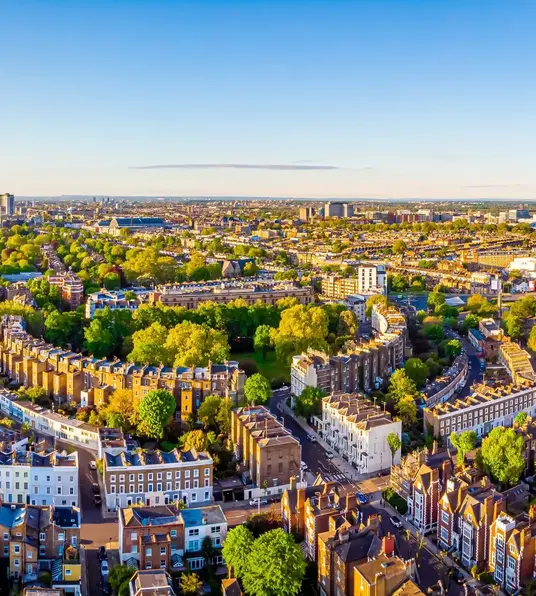 a city with many buildings and trees
