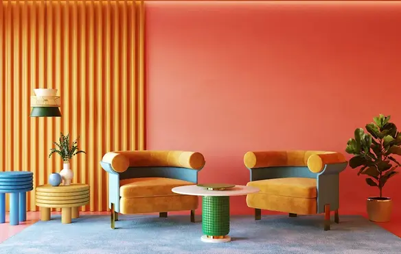 a living room with orange walls and chairs