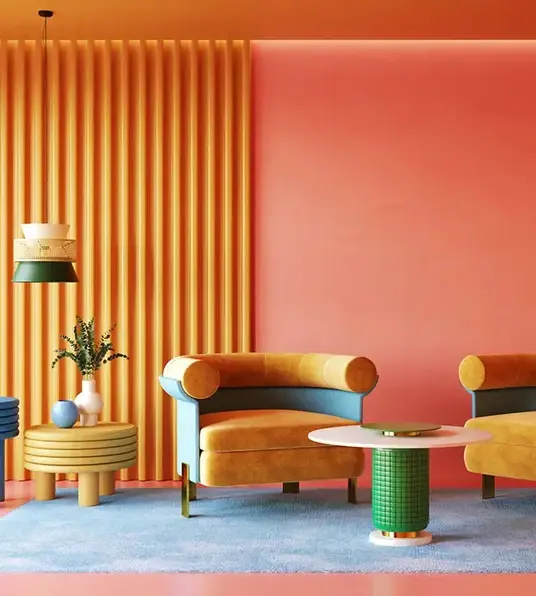 a living room with orange walls and chairs