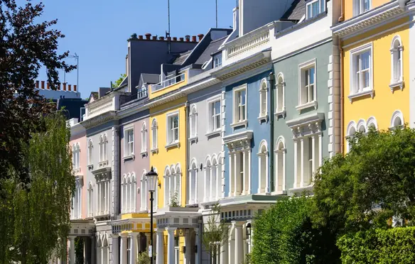 a row of colorful buildings