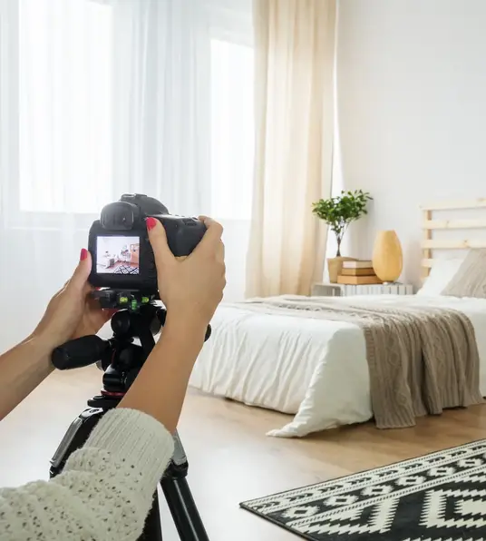 a person taking a picture of a bed