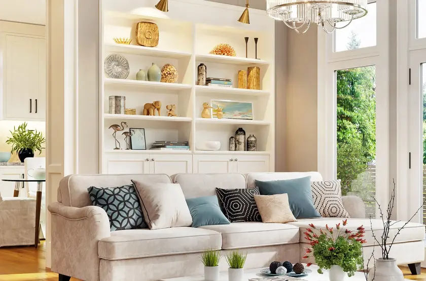 a living room with a couch and shelves