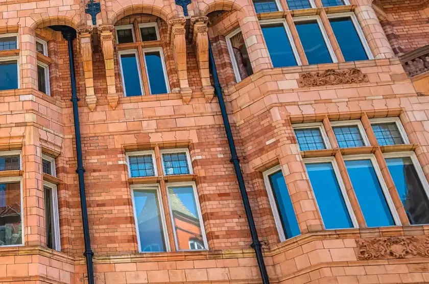 a brick building with many windows