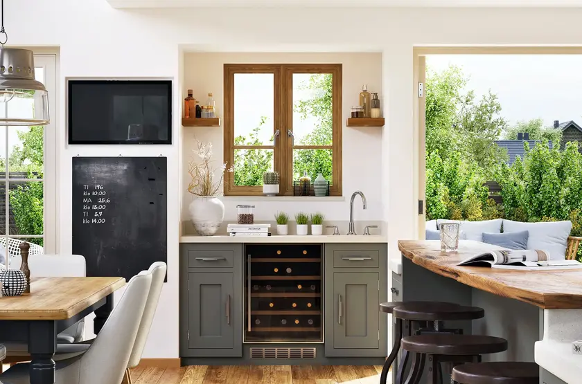 a kitchen with a table and chairs